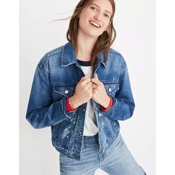 MADEWELL Boxy Crop Distressed Blue Denim Jacket Women's Size XXS Splatter Chic - Picture 7 of 7